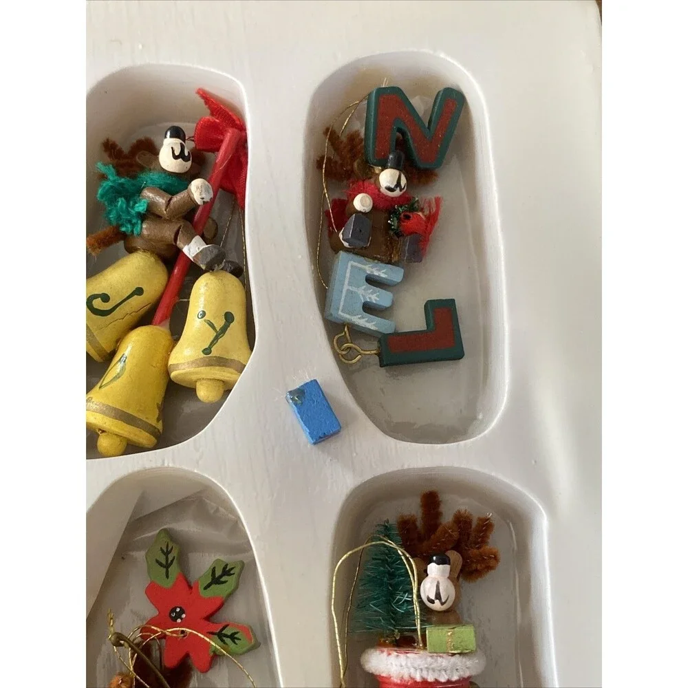 12 Vintage Painted Wooden MOOSE THEMED Christmas Ornaments Bottle Brush Animals